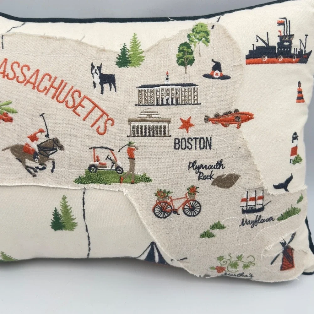 Massachusetts State Map Embroidered Canvas Throw Pillow Boston Plymouth 18x12